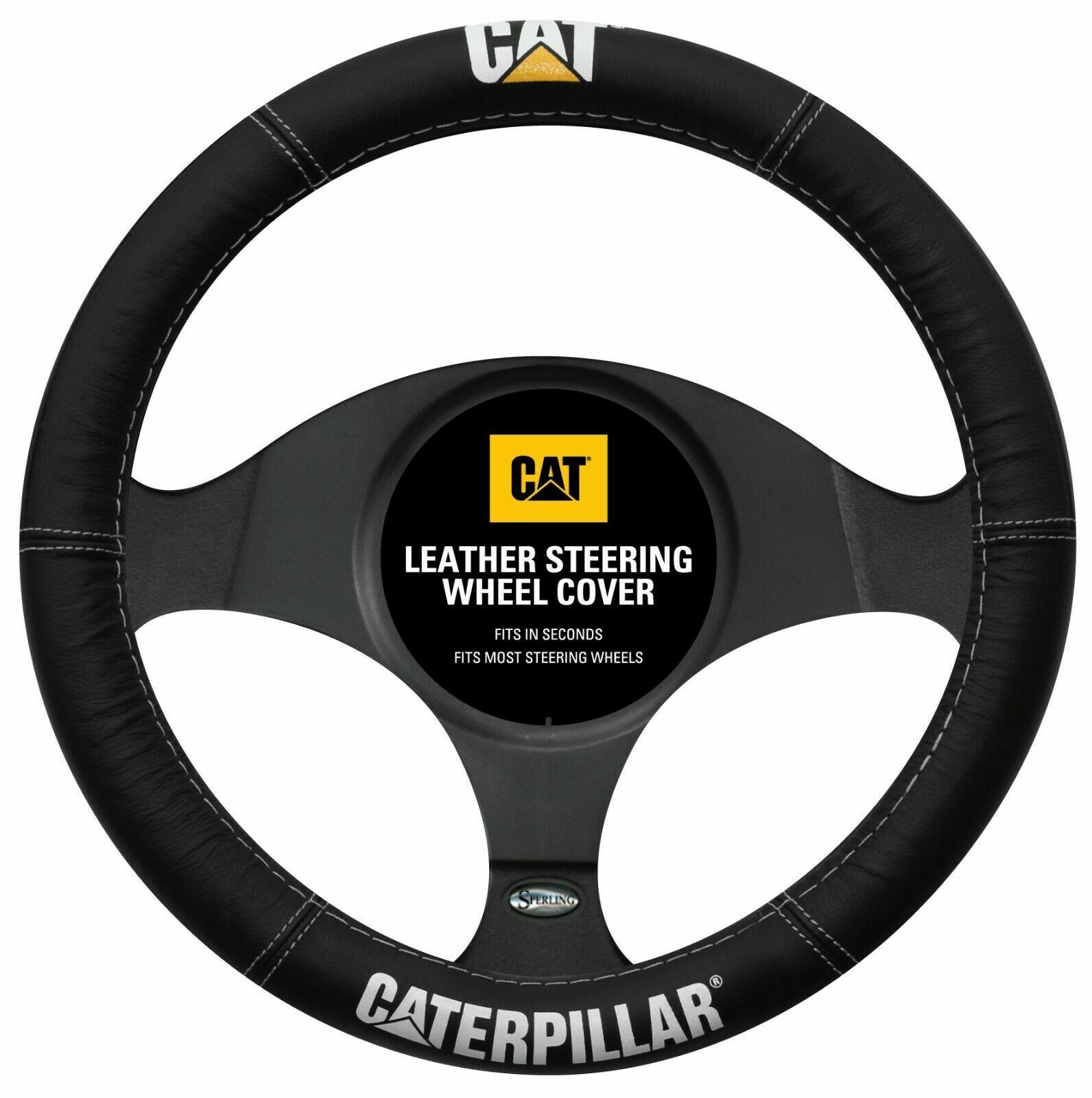 Caterpillar Steering Wheel Cover Cow Hide Leather Black 15 Inch 38cm